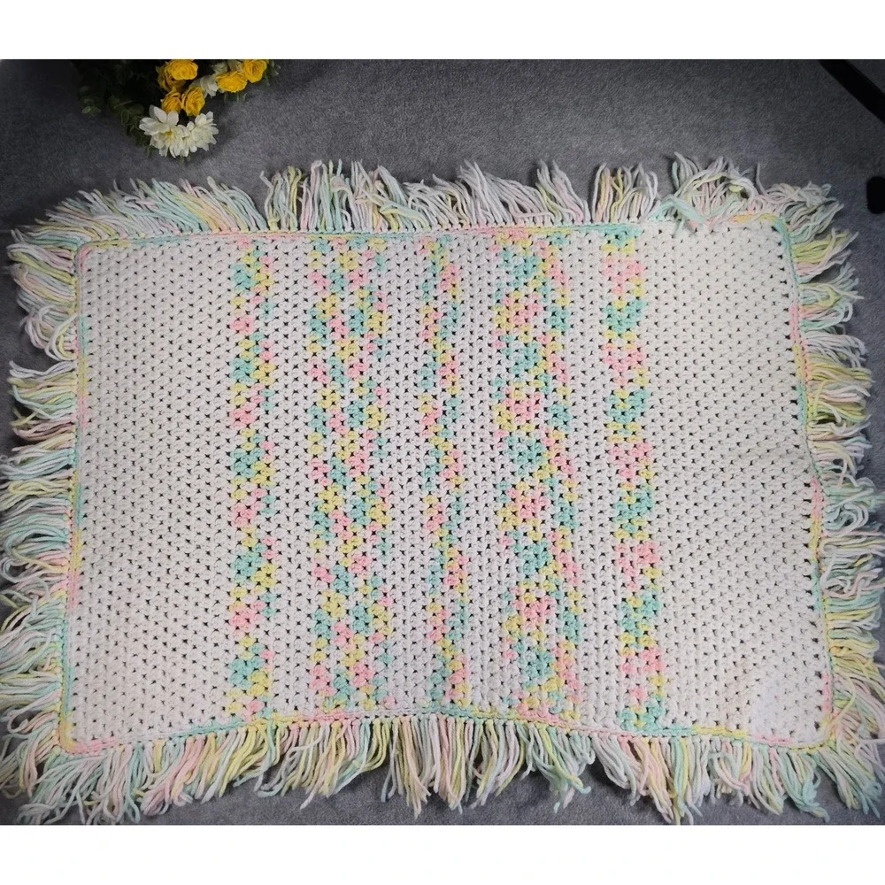 Vintage Handmade Crochet Pastel Rainbow Baby Blanket Fringe Tassel Trim 38x29